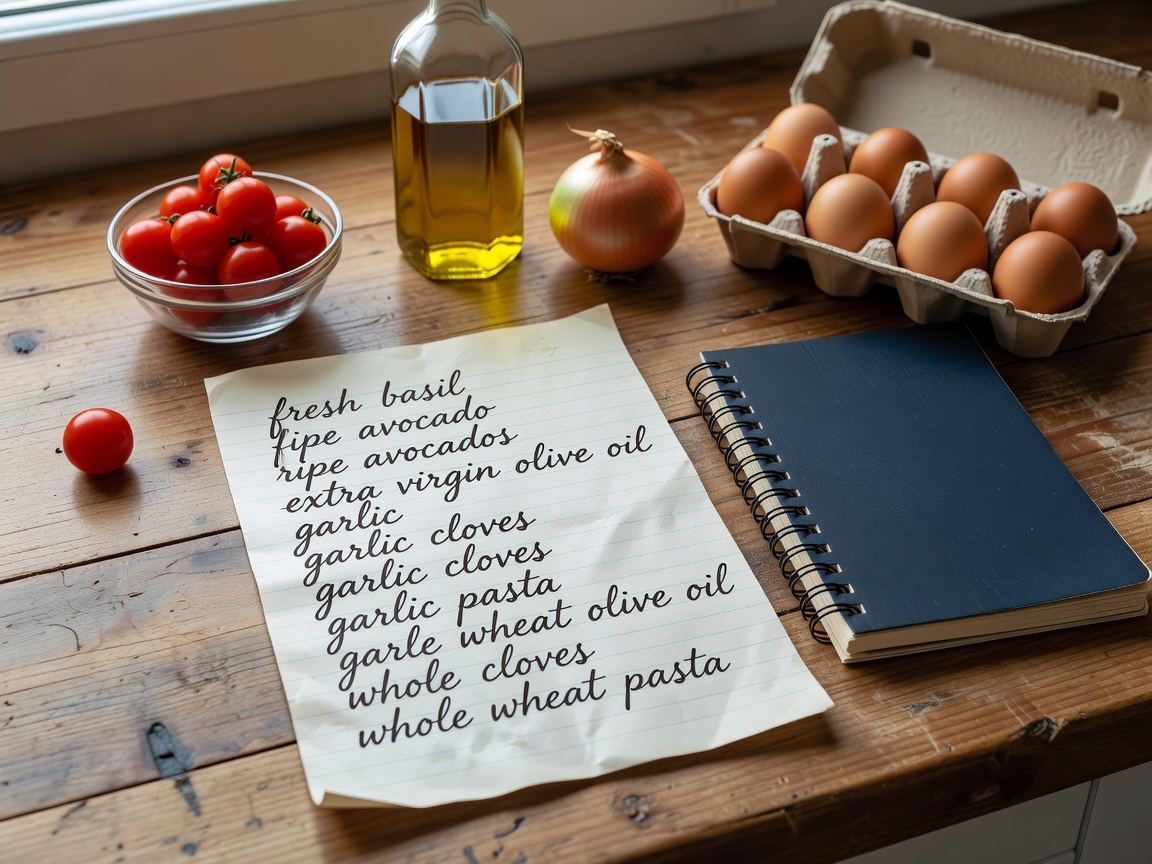 Close-up of a grocery list written in a notebook beside cooking ingredients