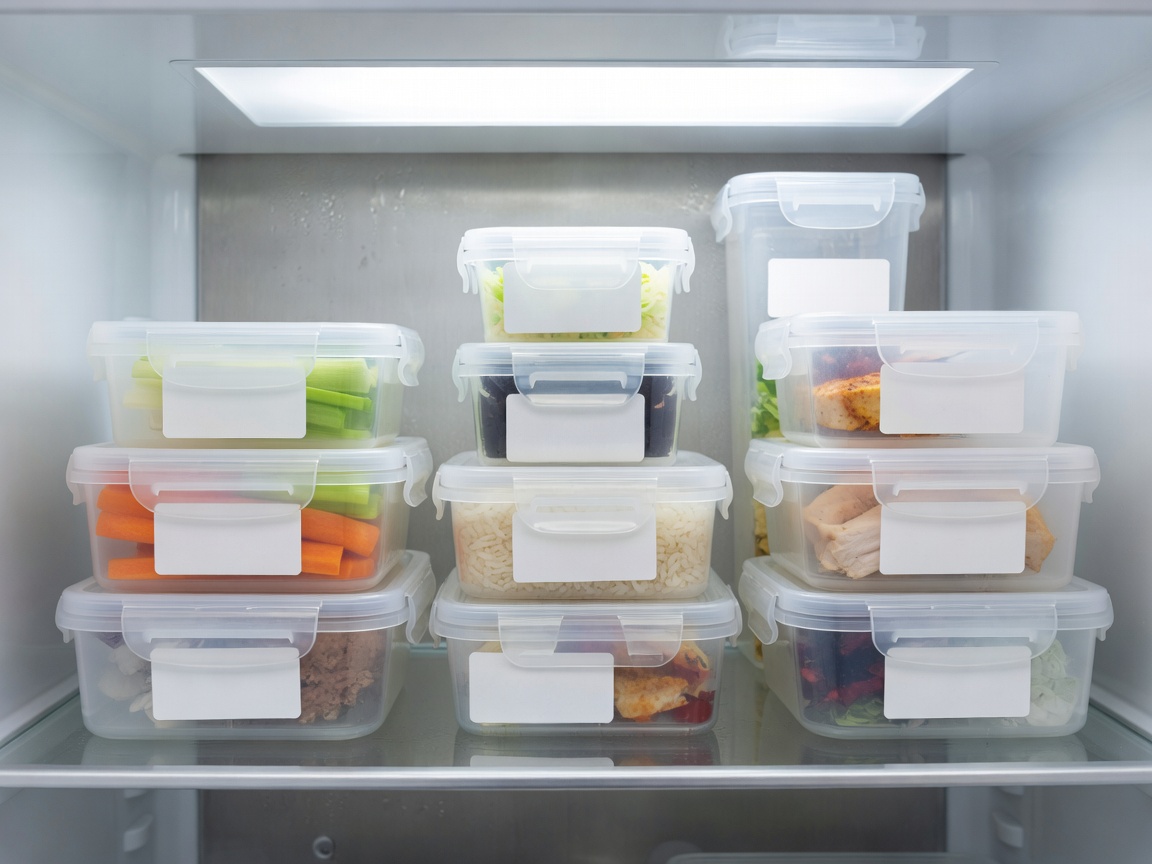 Close-up of dated food containers arranged so their contents and labels are visible