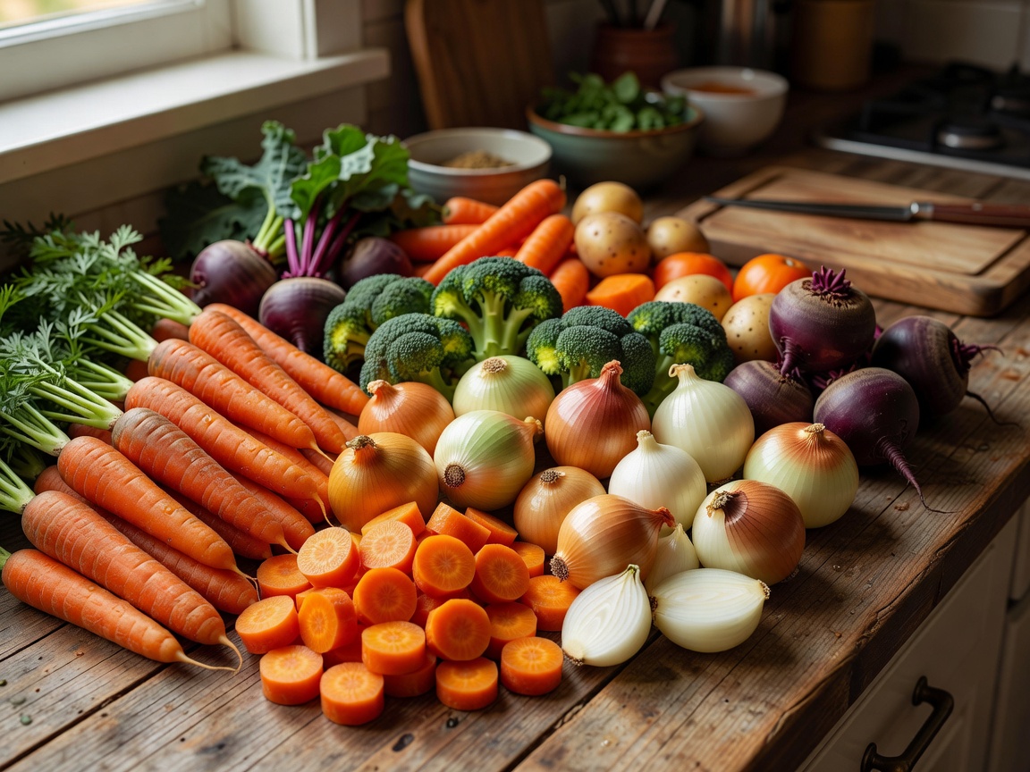 Close-up of carrots, onions and vegetables that can be shared between several meals